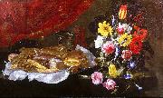 Giuseppe Recco A Still Life of Roses, Carnations, Tulips and other Flowers in a glass Vase, with Pastries and Sweetmeats on a pewter Platter and earthenware Pots, on oil on canvas